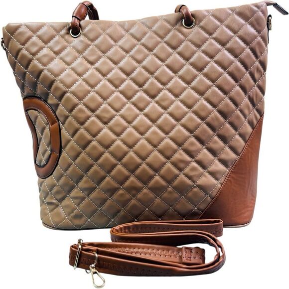Fashion Designer Tan and Brown Quilted Large Tote Bag - Picture 8 of 11